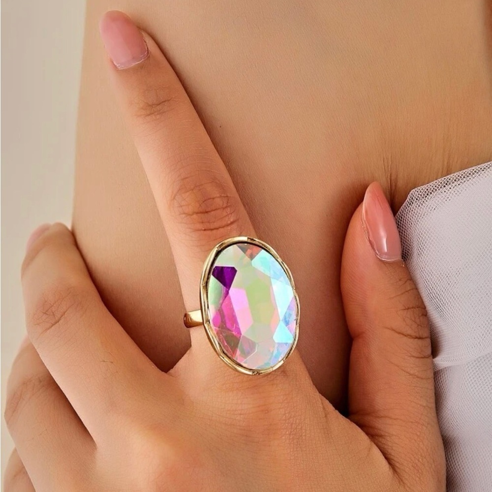 Iridescent Sparkle Oval  Gold Statement Ring
